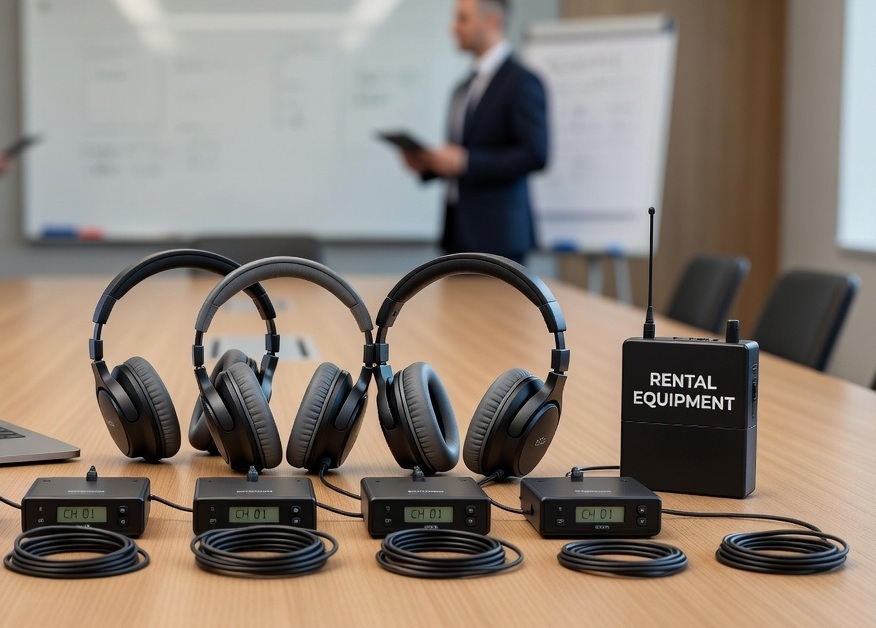 Equipos de traducción simultánea sobre mesa de conferencia