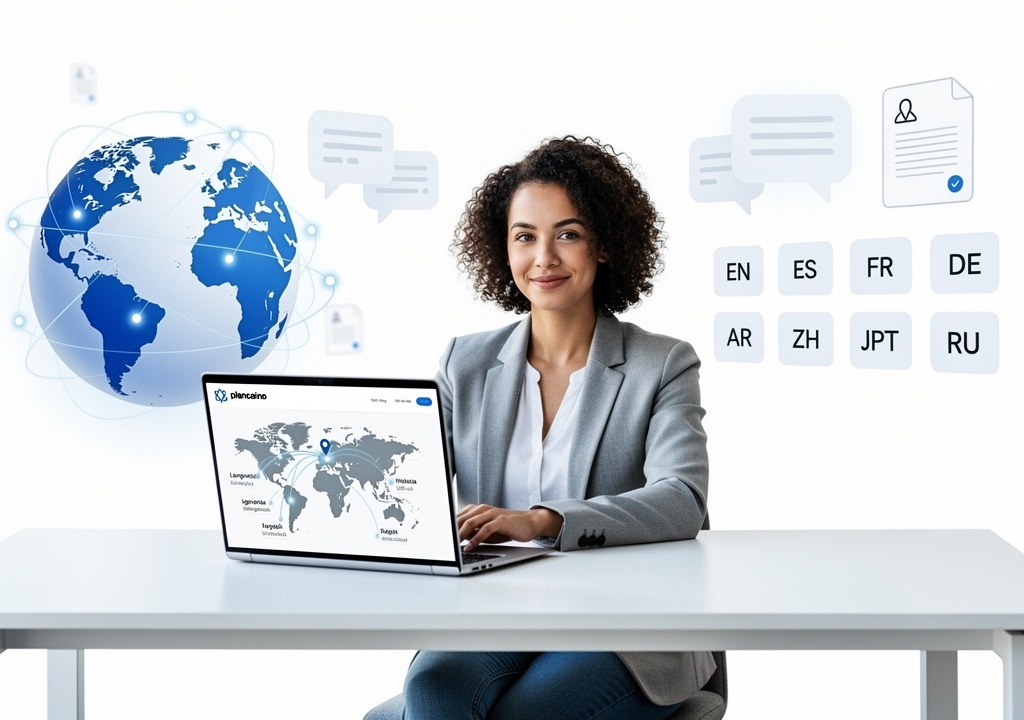 Profesional de TraduPerú trabajando con mapa mundial y multilingüismo